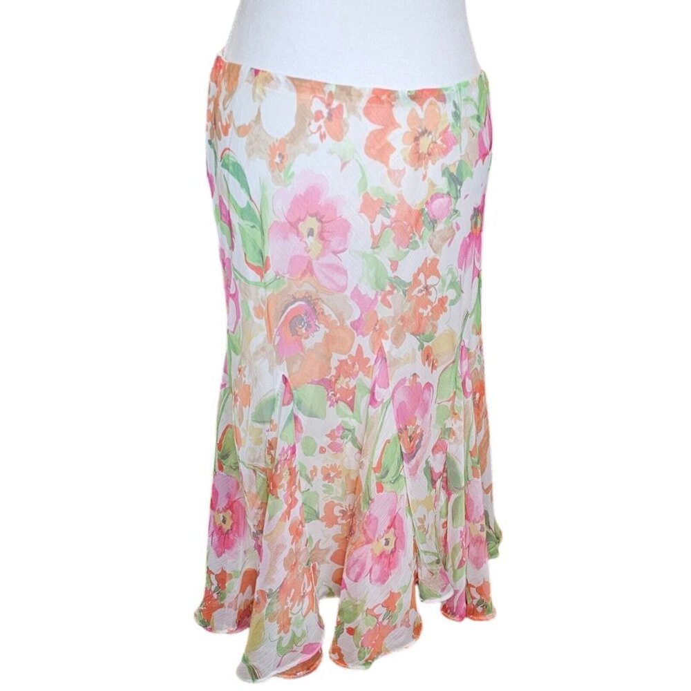 LAUREN‎ RALPH LAUREN Size XL Floral Layered Ruffle Skirt Colorful Chiffon - Picture 4 of 10